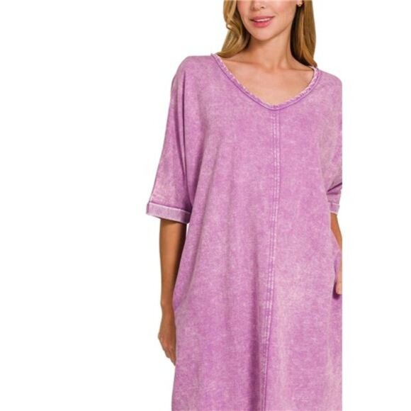 Zenana Acid-washed French Terry Tee Shirts Dress - Picture 2 of 3